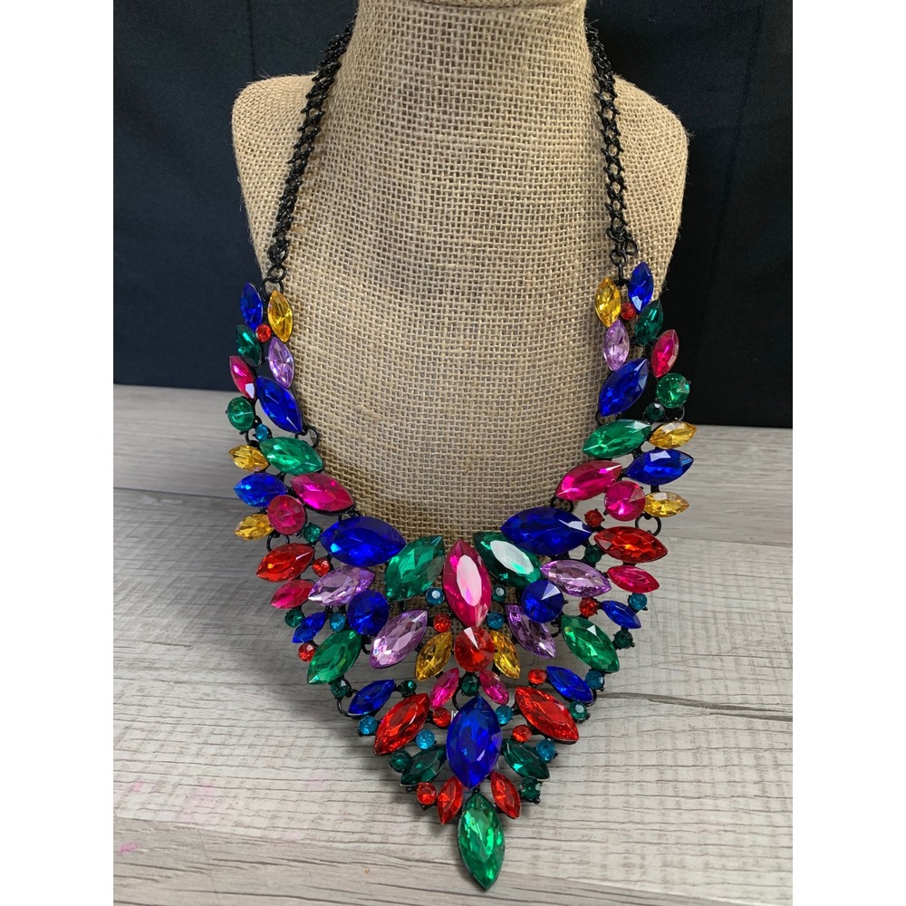 Multicolor Rhinestone Statement Bib Necklace Black Metal‎ Crystal Jewel Collar